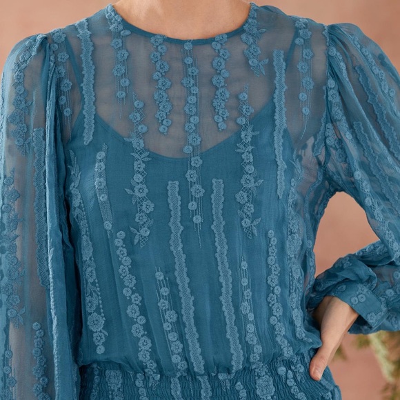 Sundance Seaspell Midi Dress Sheer Floral Lace Embroidered Silk Long Sleeve S - Picture 5 of 16